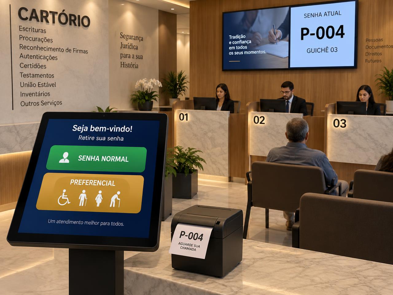 Atendimento com totem de senhas em tablet, impressora térmica e TV exibindo a chamada da senha