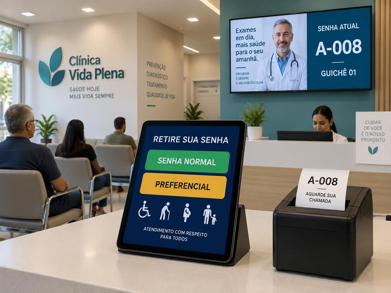 Recepção de clínica com tablet de senhas na bancada e TV mostrando o painel de chamadas