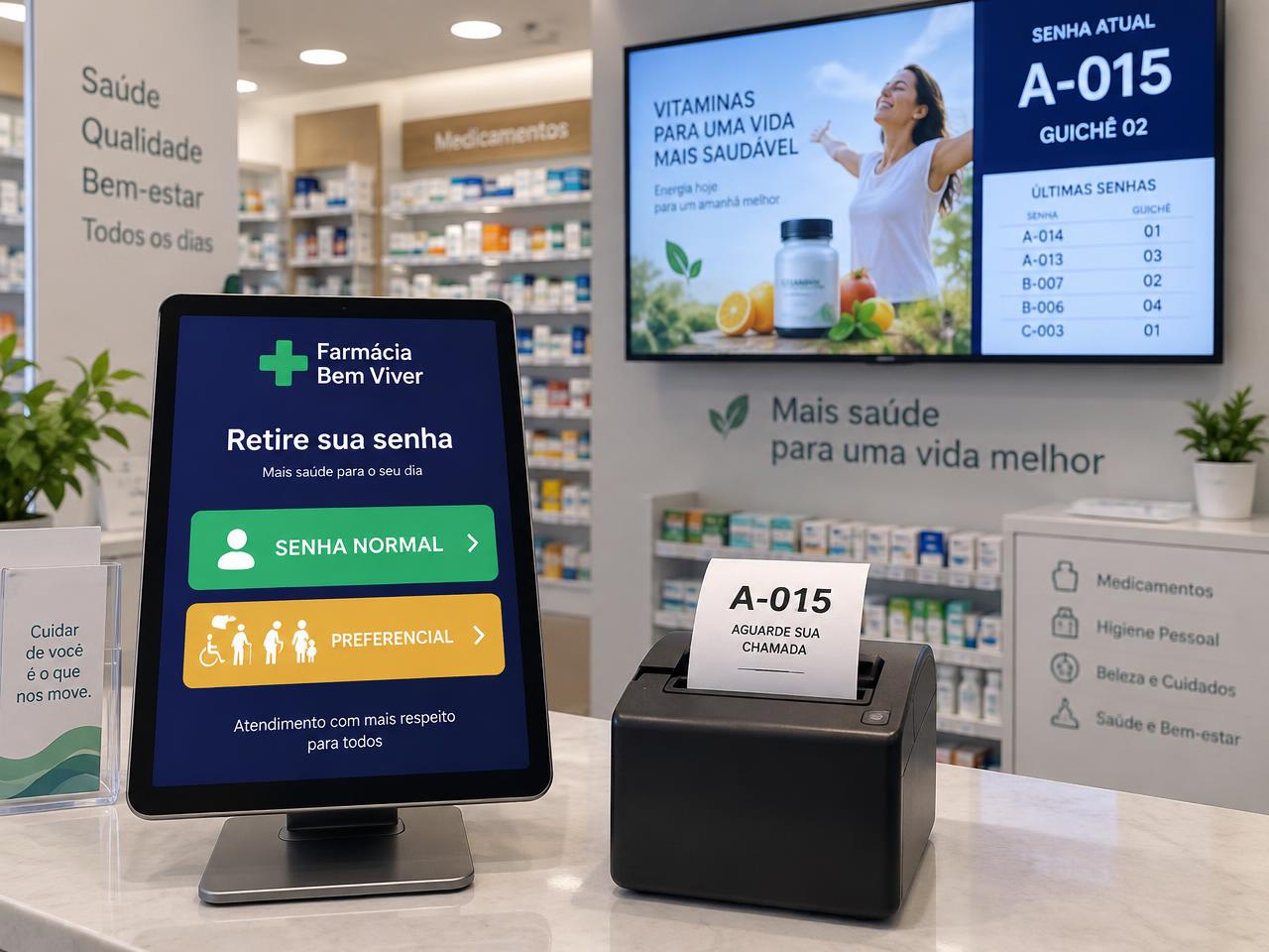 Balcão de farmácia com totem de senhas em tablet e comprovante saindo da impressora térmica